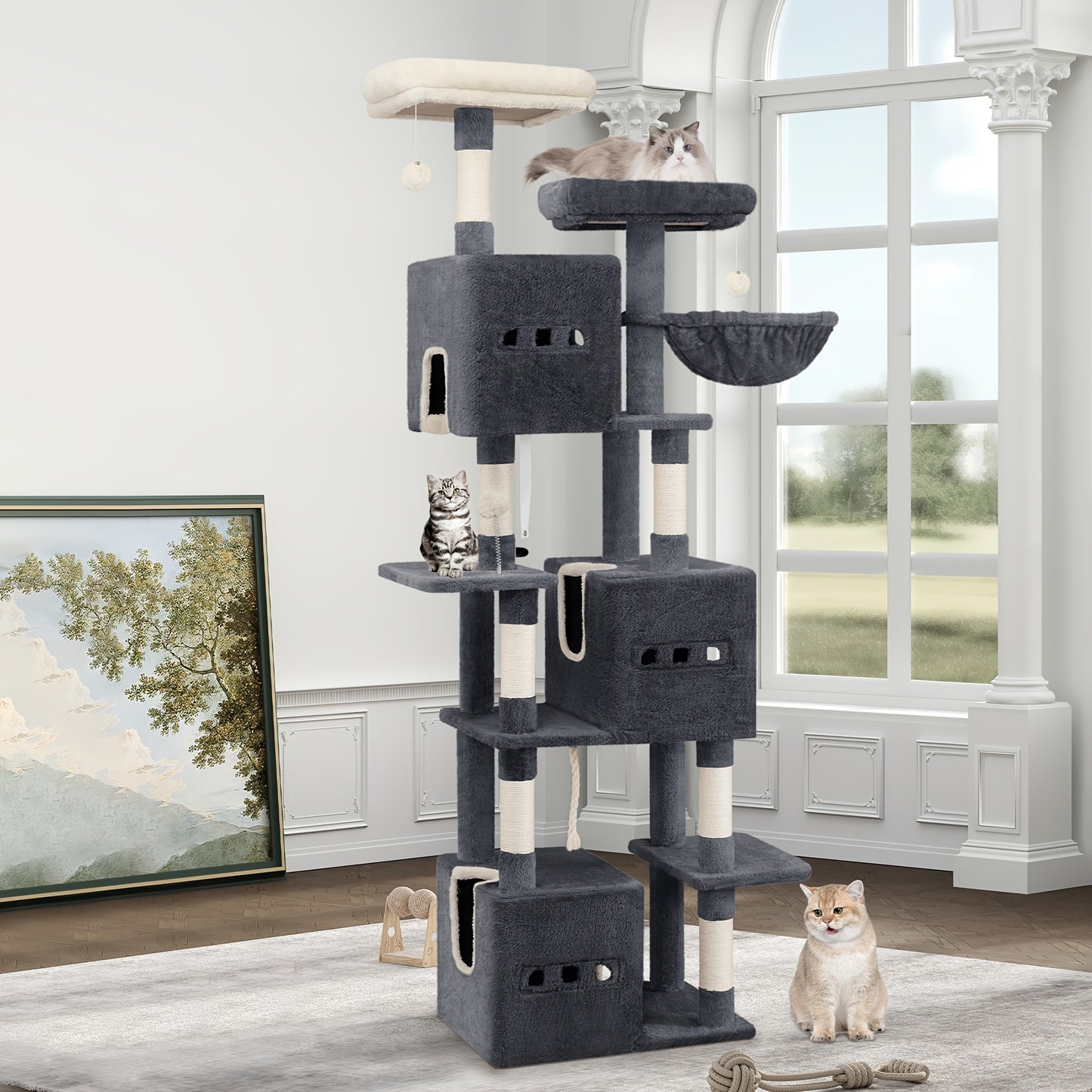 Large Scratching Post, 193cm Cat Tree, Multi-storey Cat Scratching Post for Large Cats, with 3 Caves, 6 Scratching Posts, 1 Lounger, 3 Plush Balls, Dark Grey/light Grey