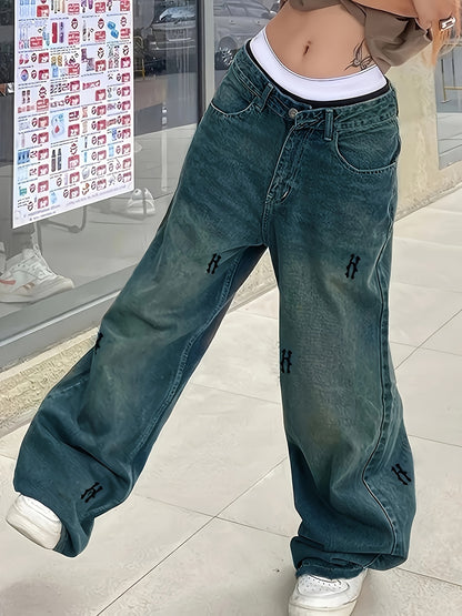 Y2K Style Distressed Wased Loose Fit Baggy Denim Pants, Wide Leg Streetwear Jeans, Women's Denim Jeans & Clothing For Fall