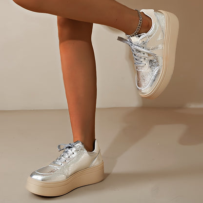 Silvery Sneakers Women's Platform Soles Lace-up Round Toe Casual Shoes