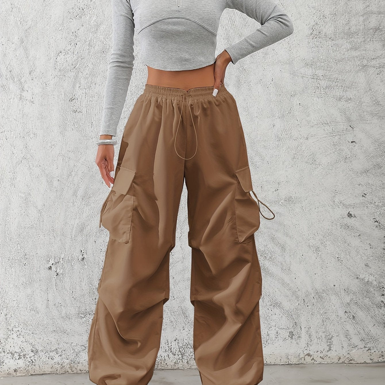 Women'S Fashionable Solid Color Polyester Cargo Pants, 100% Polyester, All-Season, Drawstring Waist, Woven, 120g/m², Adult Casual Elegant Trousers