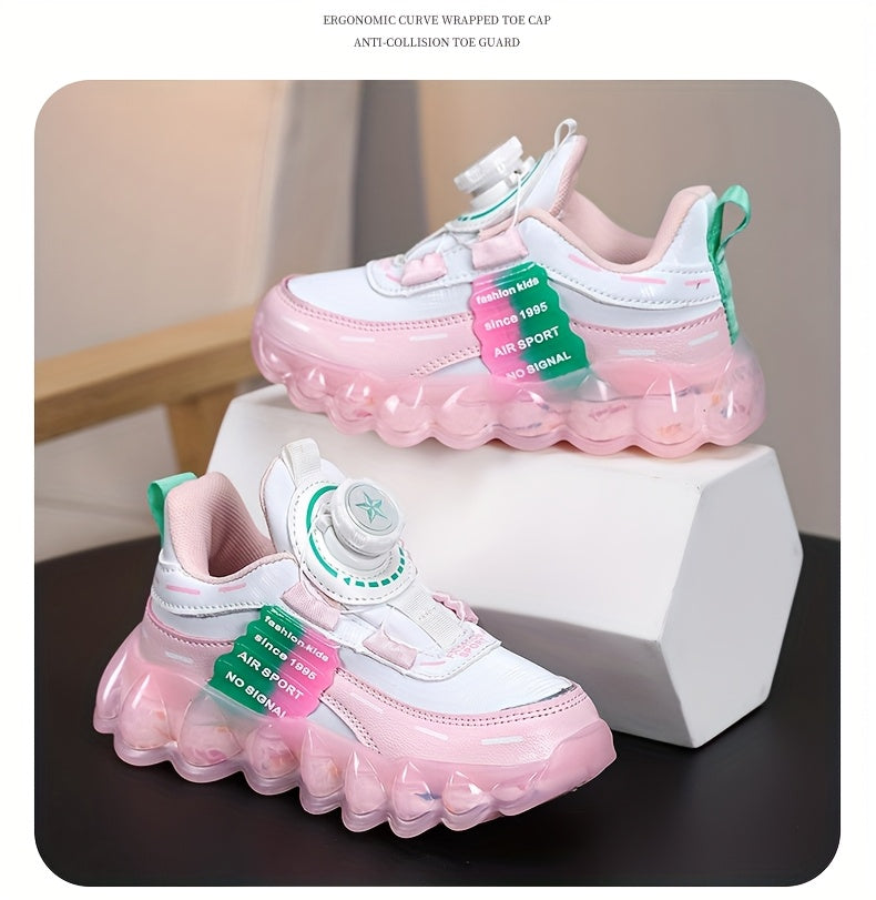 Kids' Preppy Sports Sneakers with Rotating Buckle, Lightweight EVA Sole, Non-Slip PU Upper, Comfortable Fabric Lining, Alphabet Pattern, All-Season Casual Footwear for Outdoor Activities, Training, Hiking - Ideal for Valentin