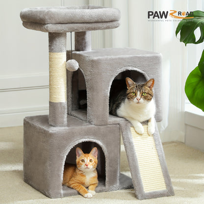 Pawz Road Cat Scratching Post with Dual Condos for Indoor Cats, All-in-One Cat House with Padded Perch, Scratching Ramp And Posts, with Interchangeable Balls
