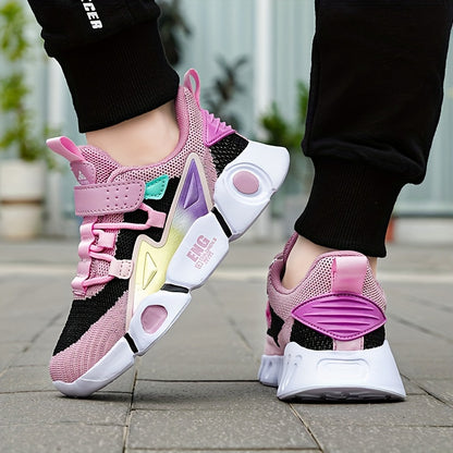 Sneakers traspiranti in maglia per bambine - Sneakers basse a righe alla moda con chiusura a strappo, leggere e comode per tutte le stagioni, design rosa e nero con tomaia in mesh e suola in EVA, adatte ai piedi dei più piccoli.