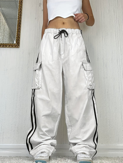 Pantaloni cargo a righe laterali Y2K, pantaloni casual streetwear hip-hop con coulisse e tasche con patta per primavera e autunno, abbigliamento da donna