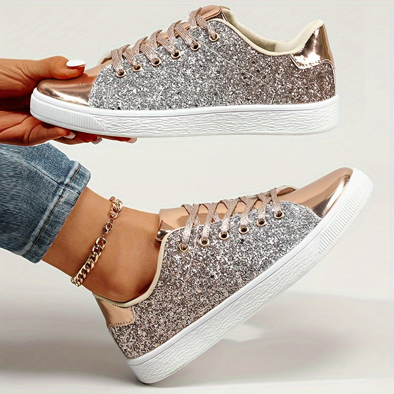 Sneakers da skateboard con paillettes da donna, tomaia in PU antiscivolo per tutte le stagioni, suola in TPR, soletta e fodera in tessuto, design a tinta unita