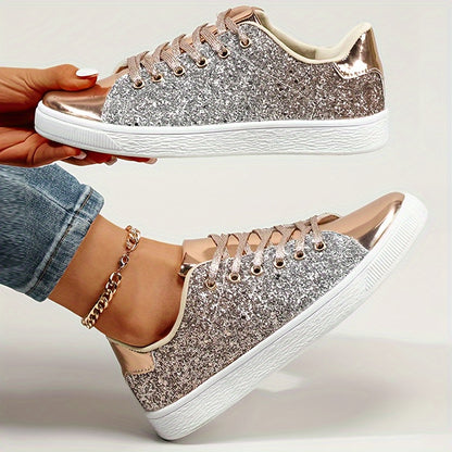 Sneakers da skateboard con paillettes da donna, tomaia in PU antiscivolo per tutte le stagioni, suola in TPR, soletta e fodera in tessuto, design a tinta unita