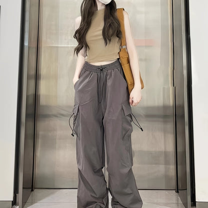 1pc Women'S Casual Cargo Pants, Solid Color Polyester, Spring/Fall Fashion, Multiple Pockets, Woven Weave, Adult Fit