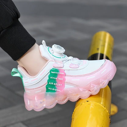 Kids' Preppy Sports Sneakers with Rotating Buckle, Lightweight EVA Sole, Non-Slip PU Upper, Comfortable Fabric Lining, Alphabet Pattern, All-Season Casual Footwear for Outdoor Activities, Training, Hiking - Ideal for Valentin