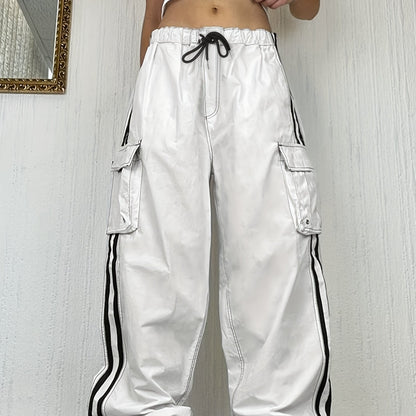 Pantaloni cargo a righe laterali Y2K, pantaloni casual streetwear hip-hop con coulisse e tasche con patta per primavera e autunno, abbigliamento da donna