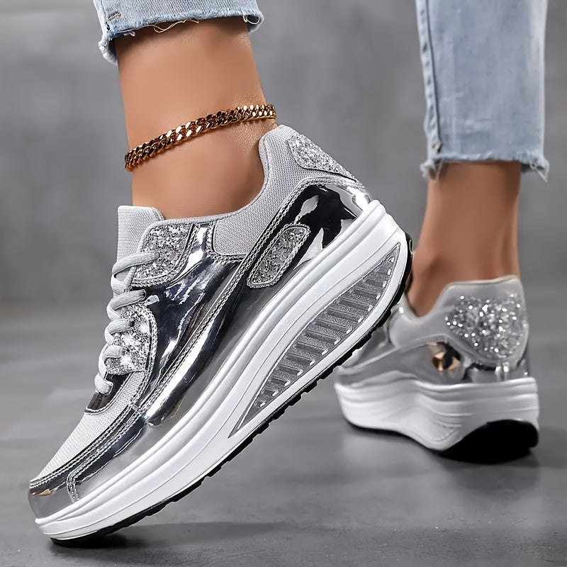 Sneakers glitterate alla moda da donna, scarpe casual riflettenti da passeggio, scarpe sportive leggere e rialzate, calzature comode con suola spessa