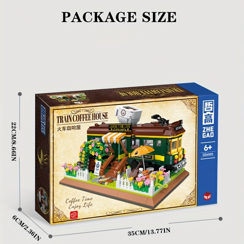 1081pcs Train Cafe House Assembled Toy Ornament, Green Faux Leather Train, City Shop, Street Scene Assembly Toy Model, Creative Retro Construction Set, Halloween/Thanksgiving Day/Christmas gift