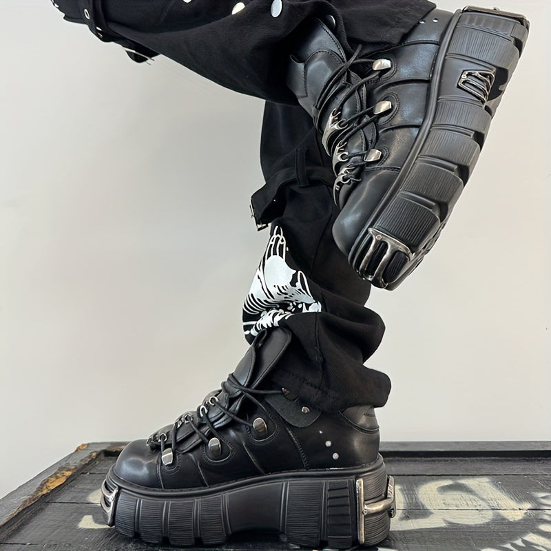 Women's Metallic Decor Platform Sneakers, Punk Rock Lace Up Outdoor Shoes, Comfortable Heel Height Shoes, Gothic Ankle Boots Round Toe Thick Sole Booties plus size