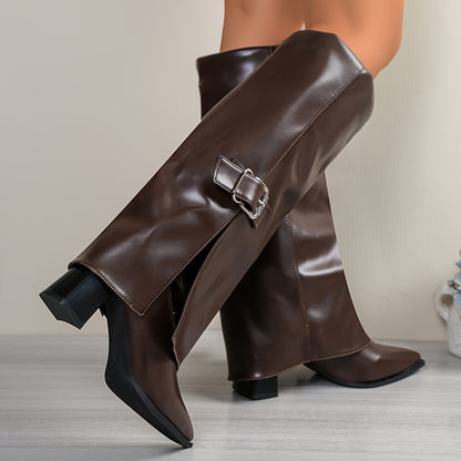 Stivali da donna alti fino al ginocchio in PU marrone con fibbia in metallo e punta affilata - Stivali eleganti per tutte le stagioni con tacco spesso, antiscivolo, soletta imbottita e supporto dell'arco plantare