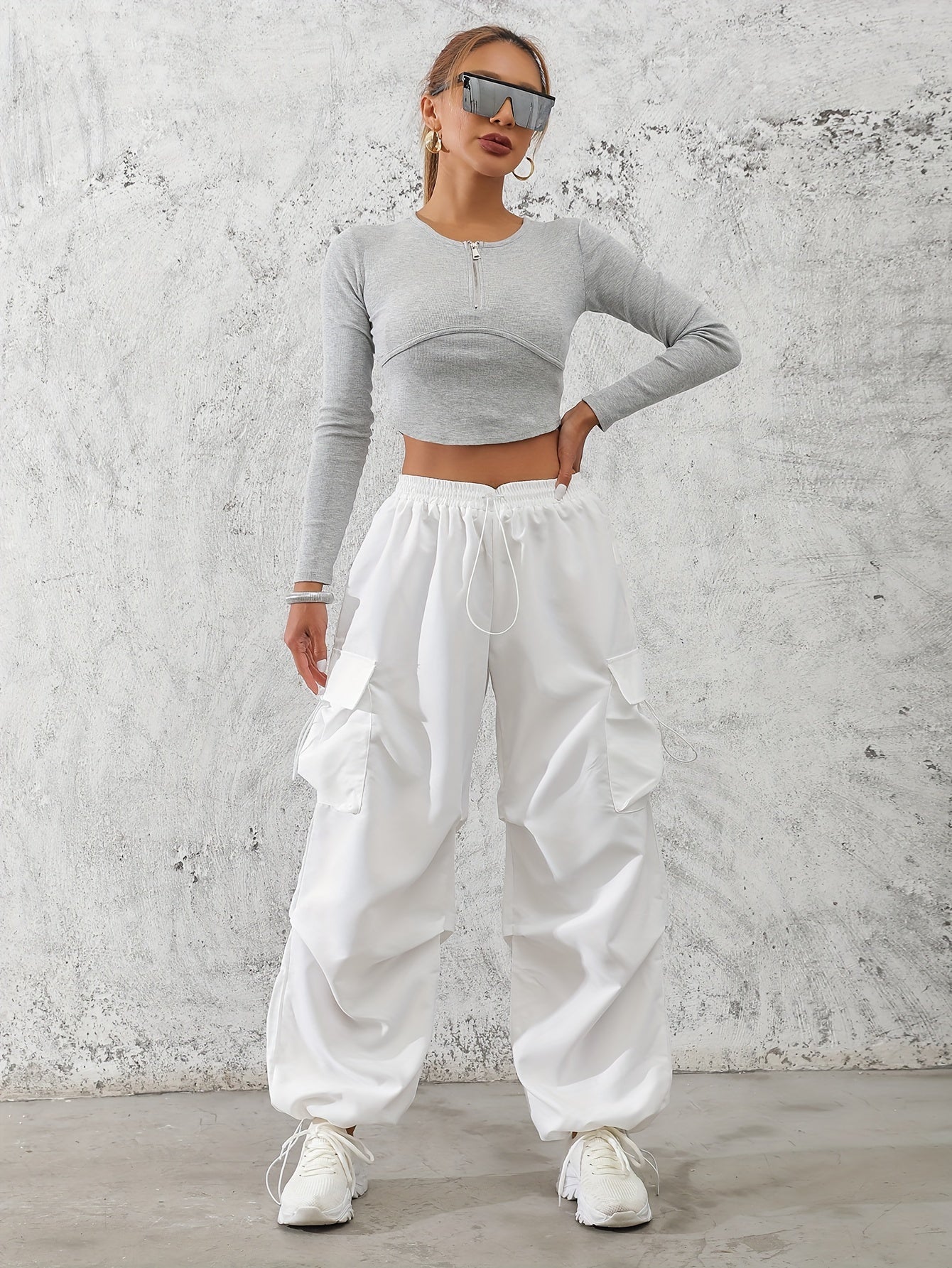 Women'S Fashionable Solid Color Polyester Cargo Pants, 100% Polyester, All-Season, Drawstring Waist, Woven, 120g/m², Adult Casual Elegant Trousers