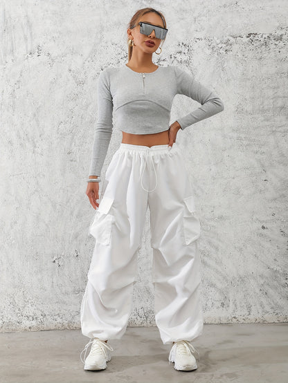 Women'S Fashionable Solid Color Polyester Cargo Pants, 100% Polyester, All-Season, Drawstring Waist, Woven, 120g/m², Adult Casual Elegant Trousers