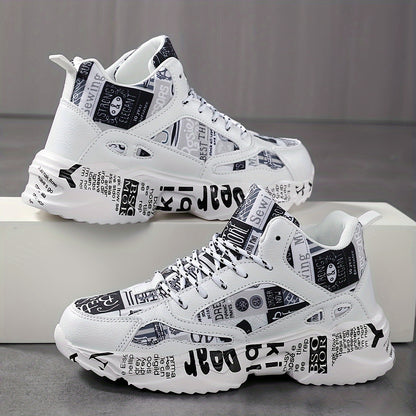 Sneakers unisex con stampa geometrica bianca e nera, suola spessa in EVA ammortizzata, tessuto e tomaia traspiranti, supporto di stabilità per corsa e camminata - Comfort per tutte le stagioni
