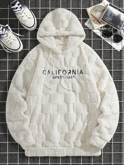 Felpa con cappuccio da uomo in peluche ricamata California Westcoast - Pile doppio in poliestere spesso e morbido con dettagli a quadri, pullover casual a maniche lunghe per autunno e inverno, felpa con cappuccio foderata in pile