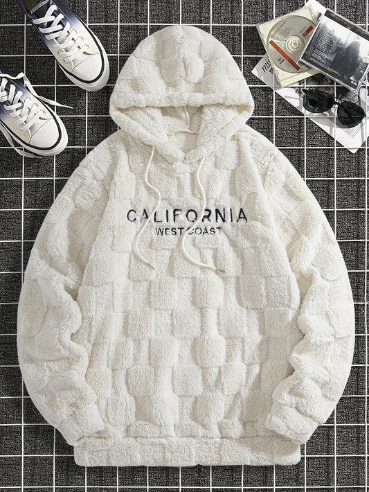 Felpa con cappuccio da uomo in peluche ricamata California Westcoast - Pile doppio in poliestere spesso e morbido con dettagli a quadri, pullover casual a maniche lunghe per autunno e inverno, felpa con cappuccio foderata in pile