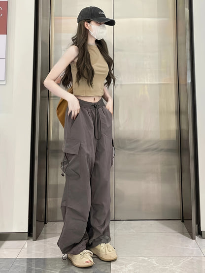 1pc Women'S Casual Cargo Pants, Solid Color Polyester, Spring/Fall Fashion, Multiple Pockets, Woven Weave, Adult Fit