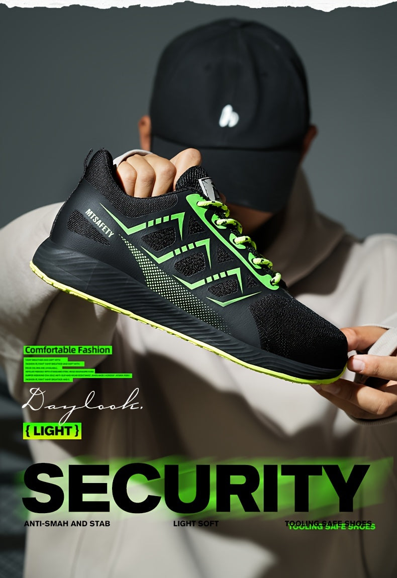 Scarpe antinfortunistiche da lavoro antiscivolo antiforatura con punta in acciaio da uomo, scarpe da ginnastica traspiranti in maglia intrecciata per edilizia industriale