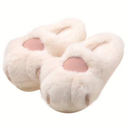 Women's Plush Novelty Slippers, Kawaii Cat Shaped Fluffy Slip On Shoes, Warm & Cozy Mute Slippers