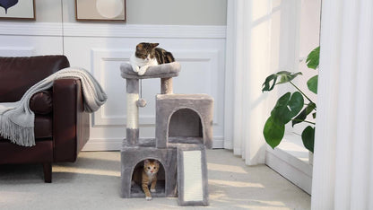 Pawz Road Cat Scratching Post with Dual Condos for Indoor Cats, All-in-One Cat House with Padded Perch, Scratching Ramp And Posts, with Interchangeable Balls