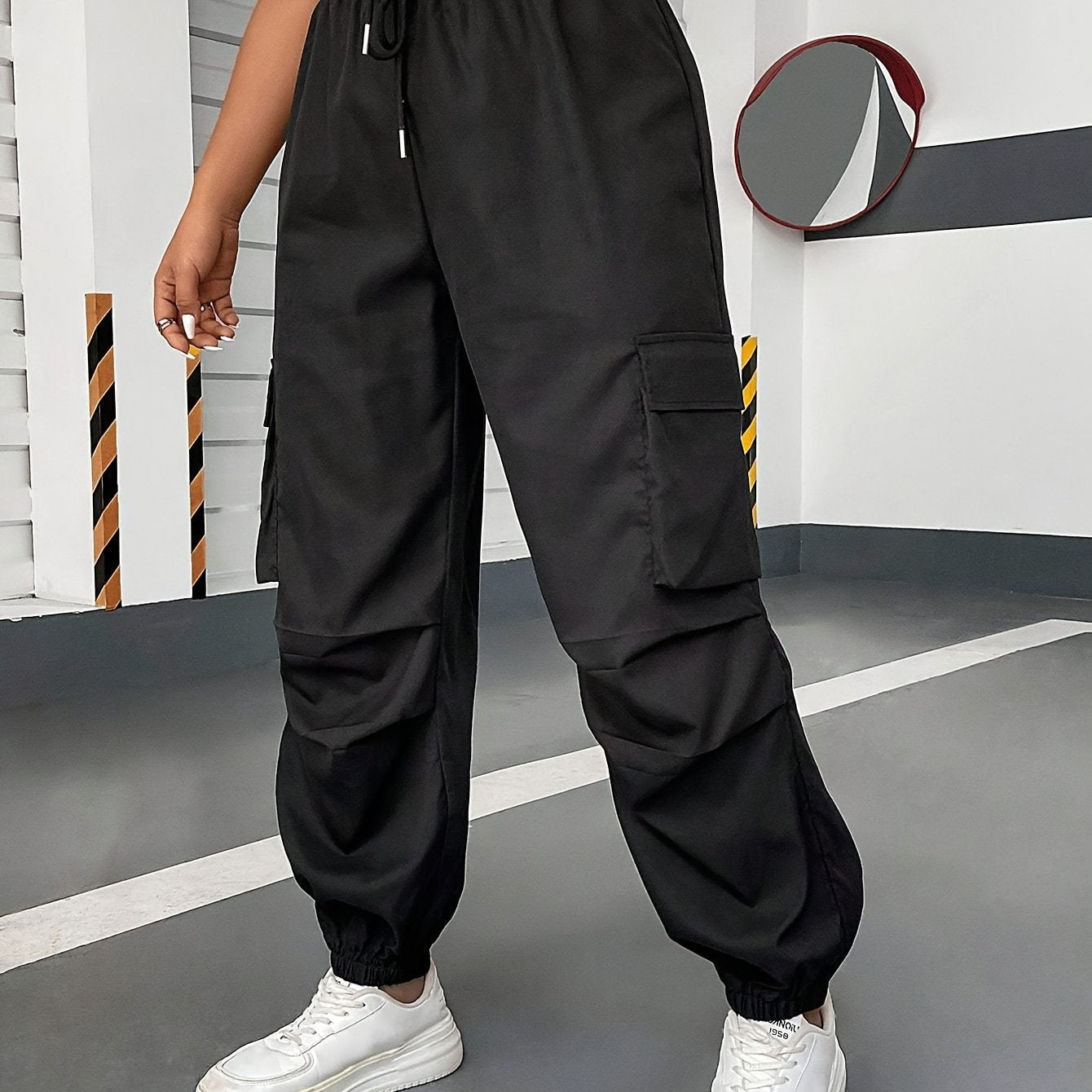 Plus Size Solid Pocket Baggy Joggers, Casual Drawstring Elastic Waist Pants For Spring & Fall, Women's Plus Size Clothing