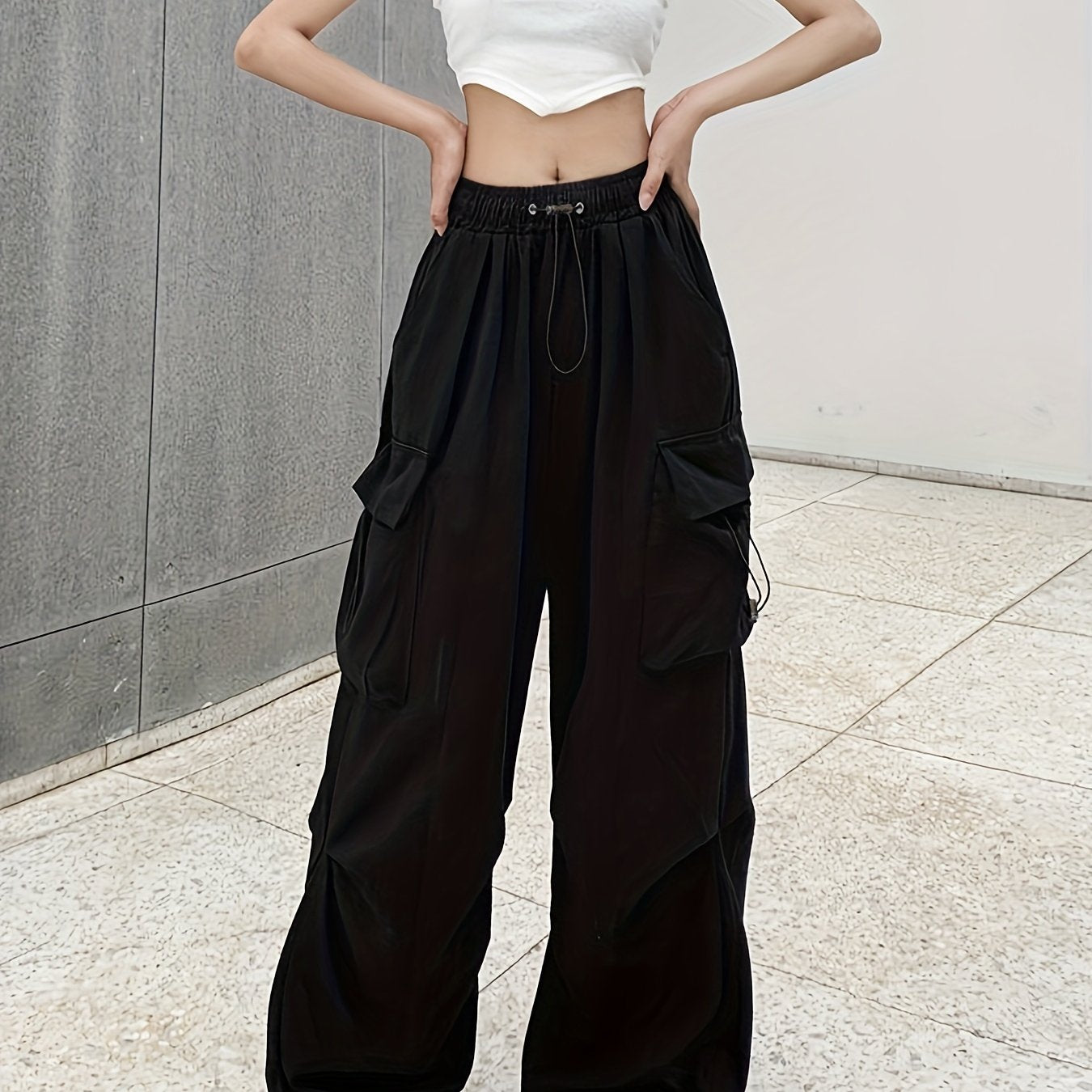Pantaloni cargo drappeggiati Y2K, pantaloni streetwear con coulisse e tasche, abbigliamento da donna