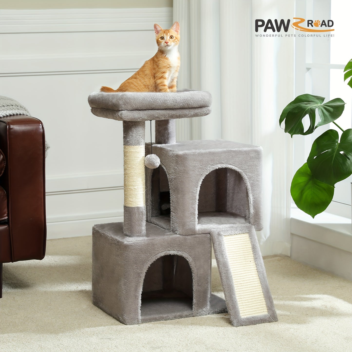 Pawz Road Cat Scratching Post with Dual Condos for Indoor Cats, All-in-One Cat House with Padded Perch, Scratching Ramp And Posts, with Interchangeable Balls