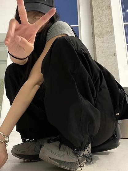 1pc Women'S Casual Cargo Pants, Solid Color Polyester, Spring/Fall Fashion, Multiple Pockets, Woven Weave, Adult Fit