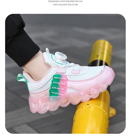 Kids' Preppy Sports Sneakers with Rotating Buckle, Lightweight EVA Sole, Non-Slip PU Upper, Comfortable Fabric Lining, Alphabet Pattern, All-Season Casual Footwear for Outdoor Activities, Training, Hiking - Ideal for Valentin