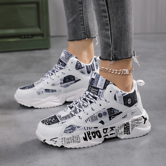Sneakers unisex con stampa geometrica bianca e nera, suola spessa in EVA ammortizzata, tessuto e tomaia traspiranti, supporto di stabilità per corsa e camminata - Comfort per tutte le stagioni