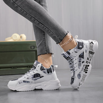 Sneakers unisex con stampa geometrica bianca e nera, suola spessa in EVA ammortizzata, tessuto e tomaia traspiranti, supporto di stabilità per corsa e camminata - Comfort per tutte le stagioni