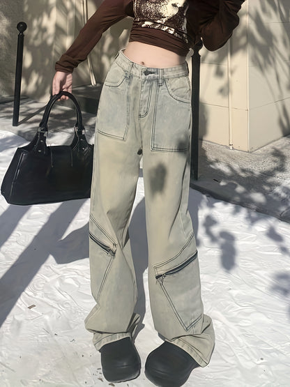 Jeans da donna in denim vintage con tasche applicate e gamba larga, larghi, lavati, stile hip-hop