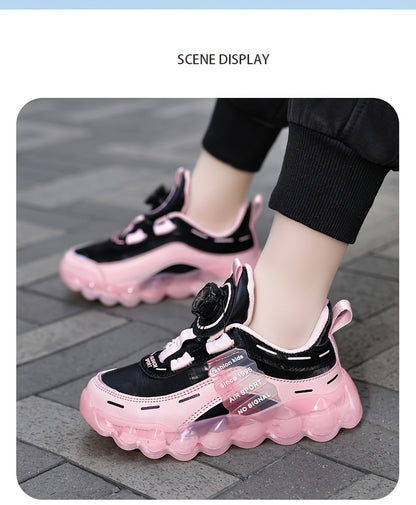 Kids' Preppy Sports Sneakers with Rotating Buckle, Lightweight EVA Sole, Non-Slip PU Upper, Comfortable Fabric Lining, Alphabet Pattern, All-Season Casual Footwear for Outdoor Activities, Training, Hiking - Ideal for Valentin