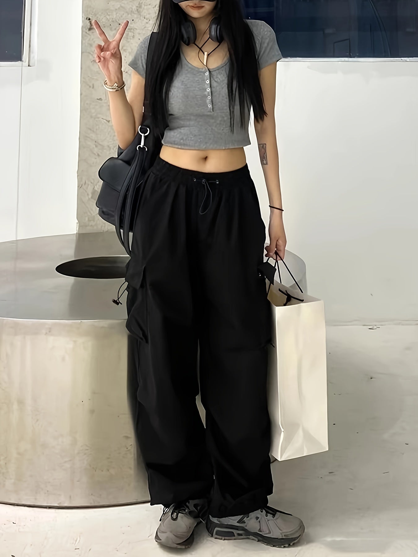 1pc Women'S Casual Cargo Pants, Solid Color Polyester, Spring/Fall Fashion, Multiple Pockets, Woven Weave, Adult Fit