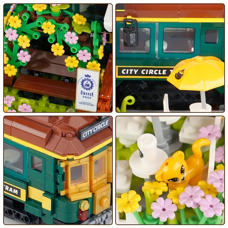 1081pcs Train Cafe House Assembled Toy Ornament, Green Faux Leather Train, City Shop, Street Scene Assembly Toy Model, Creative Retro Construction Set, Halloween/Thanksgiving Day/Christmas gift