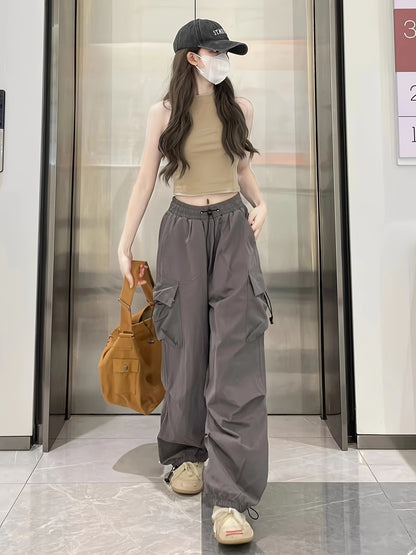 1pc Women'S Casual Cargo Pants, Solid Color Polyester, Spring/Fall Fashion, Multiple Pockets, Woven Weave, Adult Fit