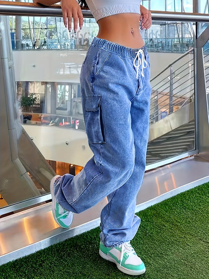 Jeans cargo a vita media da donna, pantaloni in denim elasticizzati con vita elasticizzata e gamba larga, con tasche, pantaloni larghi da streetwear Y2K