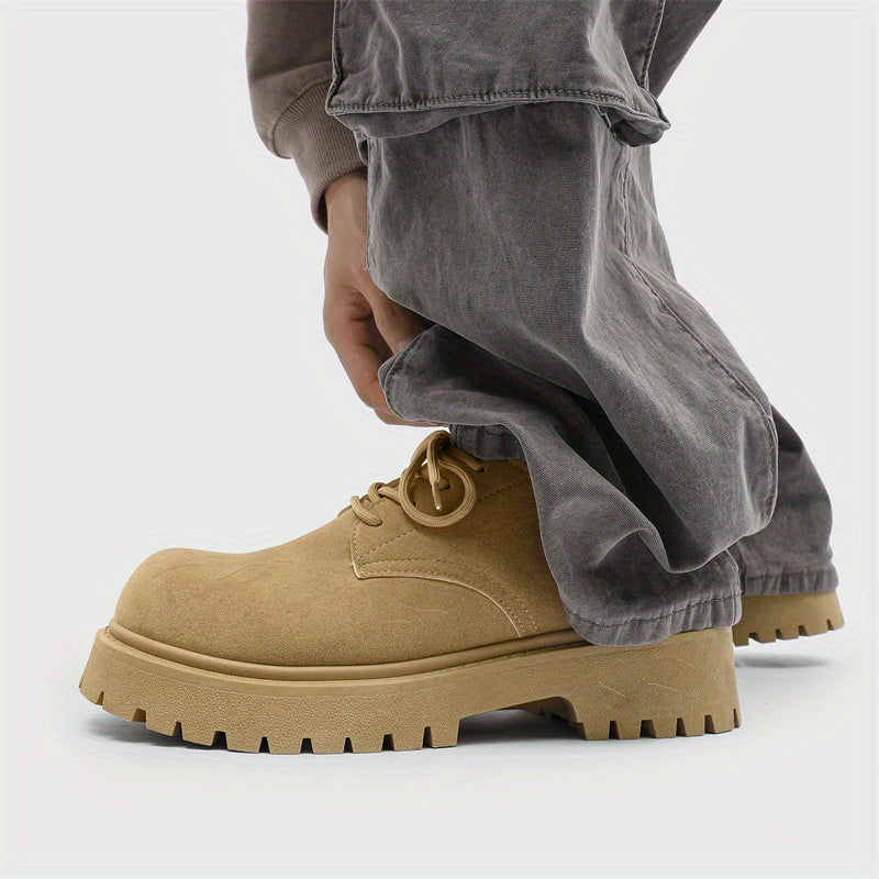 Men's Casual Retro Workwear Derby Shoes - Thick Sole Height Increase, Breathable Upper, Lace-Up Round Toe Design for Spring/Fall, Tan Rubber Outsole & EVA Cushioning, Fall Comfort Footwear, Minimalist Style, Durable Footwear,