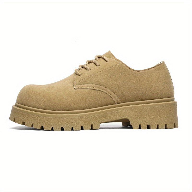 Men's Casual Retro Workwear Derby Shoes - Thick Sole Height Increase, Breathable Upper, Lace-Up Round Toe Design for Spring/Fall, Tan Rubber Outsole & EVA Cushioning, Fall Comfort Footwear, Minimalist Style, Durable Footwear,
