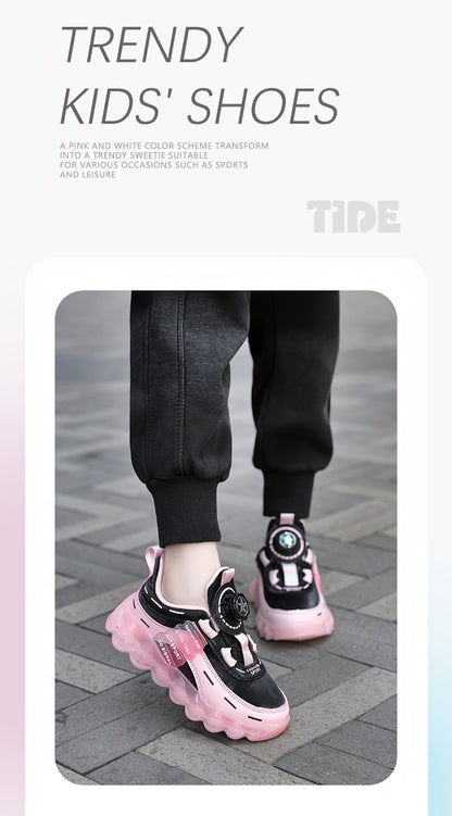 Kids' Preppy Sports Sneakers with Rotating Buckle, Lightweight EVA Sole, Non-Slip PU Upper, Comfortable Fabric Lining, Alphabet Pattern, All-Season Casual Footwear for Outdoor Activities, Training, Hiking - Ideal for Valentin