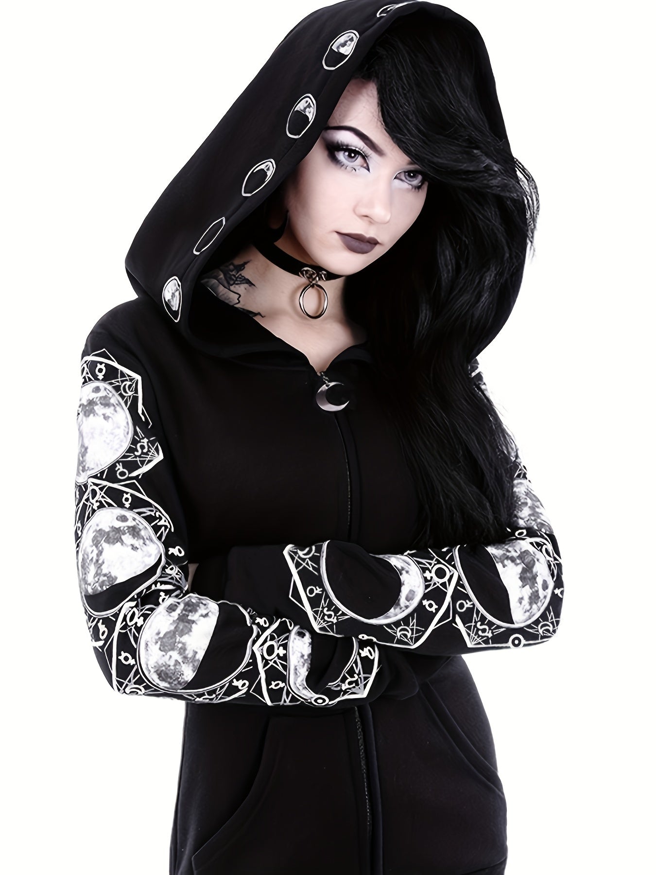 Black & White Moon Hoodie, Large Hooded Zip Up Front Pocket Sweater, Gothic Casual Tops, Women's Clothing
