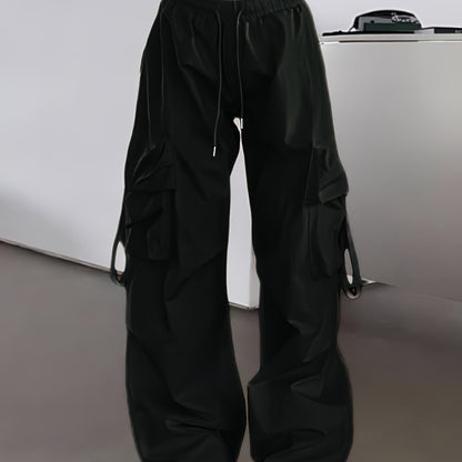 1pc Y2K Style Women's Cargo Pants, 100% Polyester Solid Color Loose Fit with Side Pockets and Drawstring Waist, Glossy Woven Fabric, Unlined - Spring/Summer/Fall Collection