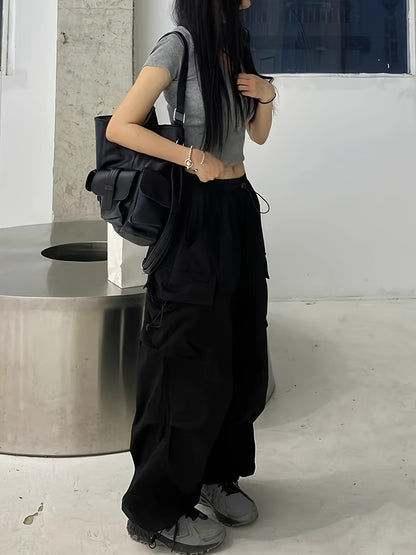 1pc Women'S Casual Cargo Pants, Solid Color Polyester, Spring/Fall Fashion, Multiple Pockets, Woven Weave, Adult Fit