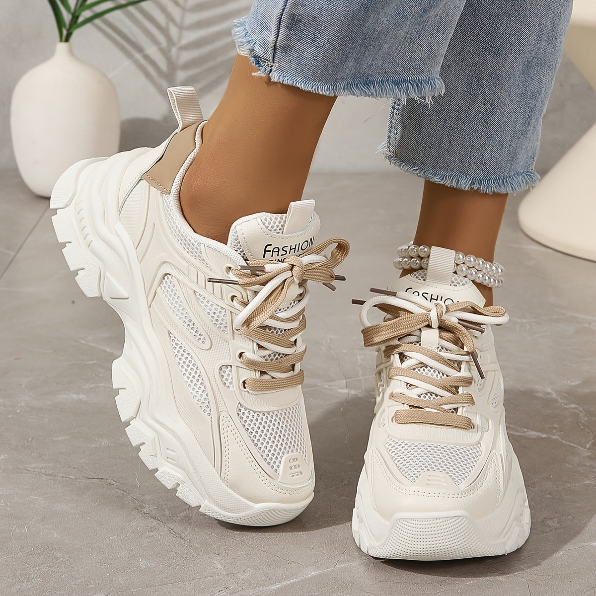 2025 New Women's Chunky Platform Dad Sneakers - White & Beige Lace-Up Casual Shoes with Thick Rubber Sole, EVA Cushion, Breathable Mesh & Synthetic Cover for All-Season Comfort