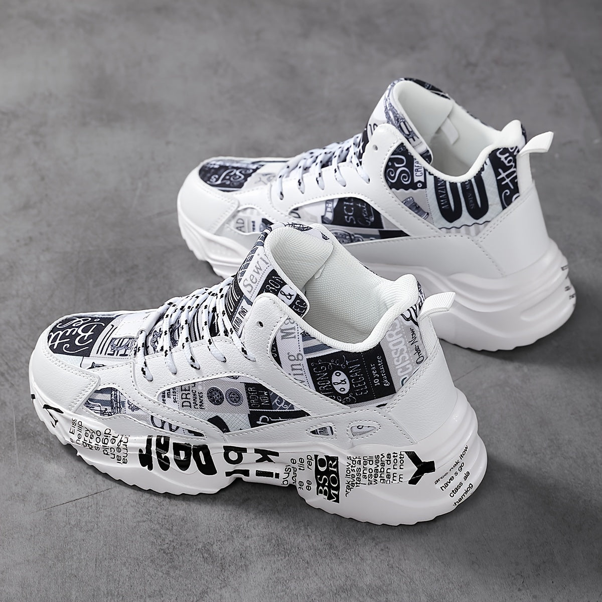 Sneakers unisex con stampa geometrica bianca e nera, suola spessa in EVA ammortizzata, tessuto e tomaia traspiranti, supporto di stabilità per corsa e camminata - Comfort per tutte le stagioni