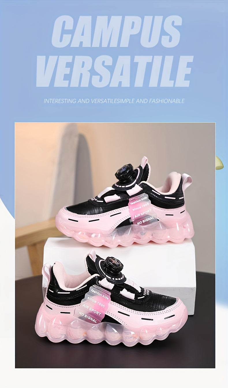 Kids' Preppy Sports Sneakers with Rotating Buckle, Lightweight EVA Sole, Non-Slip PU Upper, Comfortable Fabric Lining, Alphabet Pattern, All-Season Casual Footwear for Outdoor Activities, Training, Hiking - Ideal for Valentin