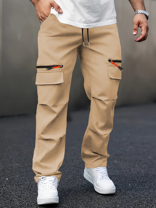 Men's Casual Cargo Pants with Multiple Pockets - Straight Leg, Loose Fit, Beige, Zipper Details, Perfect for Spring and Fall