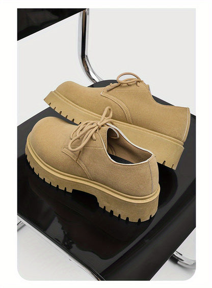 Men's Casual Retro Workwear Derby Shoes - Thick Sole Height Increase, Breathable Upper, Lace-Up Round Toe Design for Spring/Fall, Tan Rubber Outsole & EVA Cushioning, Fall Comfort Footwear, Minimalist Style, Durable Footwear,